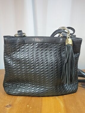 Vintage Classic Black Quilted Leather Tote with Tassel